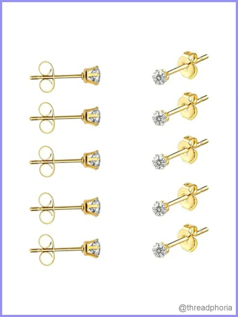 5 Pairs CZ Stud Earrings Set 316L Surgical Stainless Steel Silver Gold Plated